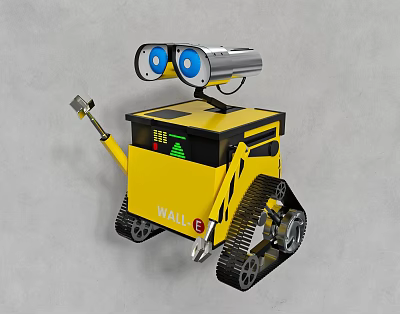 Yellow Smart Robot With Large Blue Eyes Tracked Body And Mechanical Arm 3d model