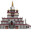 Traditional Ancient Architecture With Multi Tiered Structure Red White Walls And Golden Spire