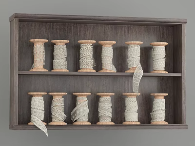 Wooden Shelf With Neatly Arranged Two Rows Of White Thread Spools 3d model