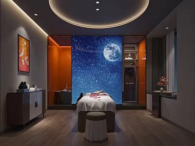 Relaxing SPA Sauna Room With Massage Bed Starry Sky Moon Backdrop And Wooden Decor 3d model