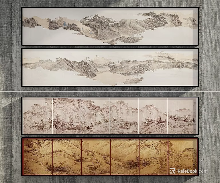 Abstract Chinese Landscape Paintings In Different Panels 3d model