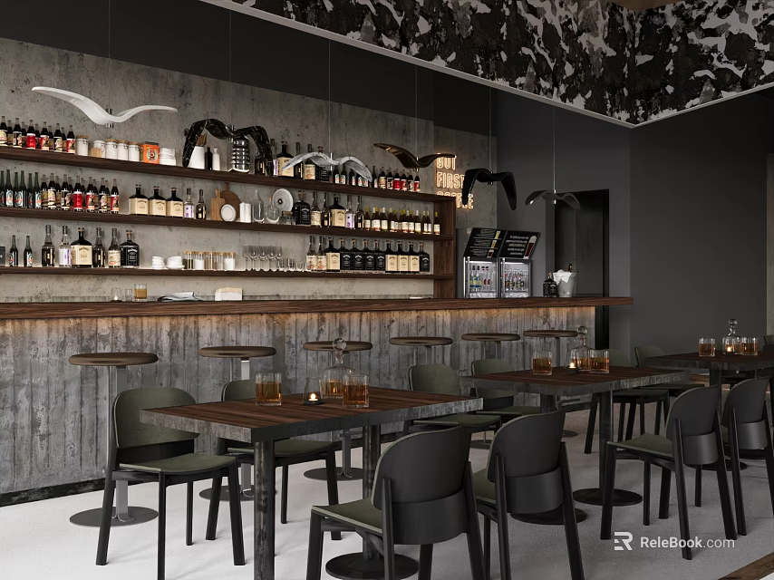 Modern Bar Interior Design With Wooden Counter Wine Bottles Stools And Tables 3d model 
