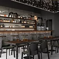 Modern Bar Interior Design With Wooden Counter Wine Bottles Stools And Tables