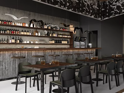 Modern Bar Interior Design With Wooden Counter Wine Bottles Stools And Tables 3d model