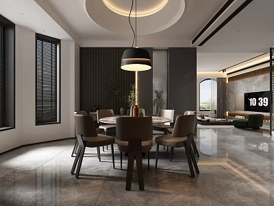 Modern Elegant Restaurant Interior With Round Dining Table Pendant Light And Floor To Ceiling Windows 3d model