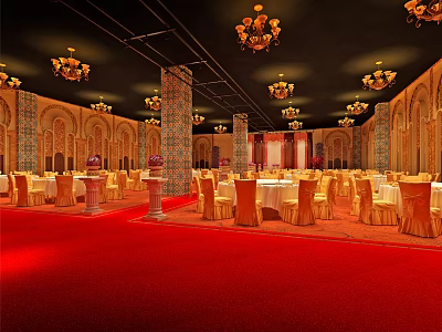 Luxurious Banquet Hall With Red Carpet Golden Chairs And Ornate Chandeliers 3d model