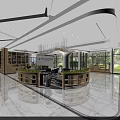 Modern Reception Desk Space With Chandelier Bookshelves Green Plants Large Windows And Bright Lighting