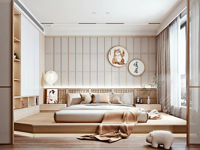 Elegant Modern Bedroom Interior With Platform Bed And Wooden Panel Walls 3d model