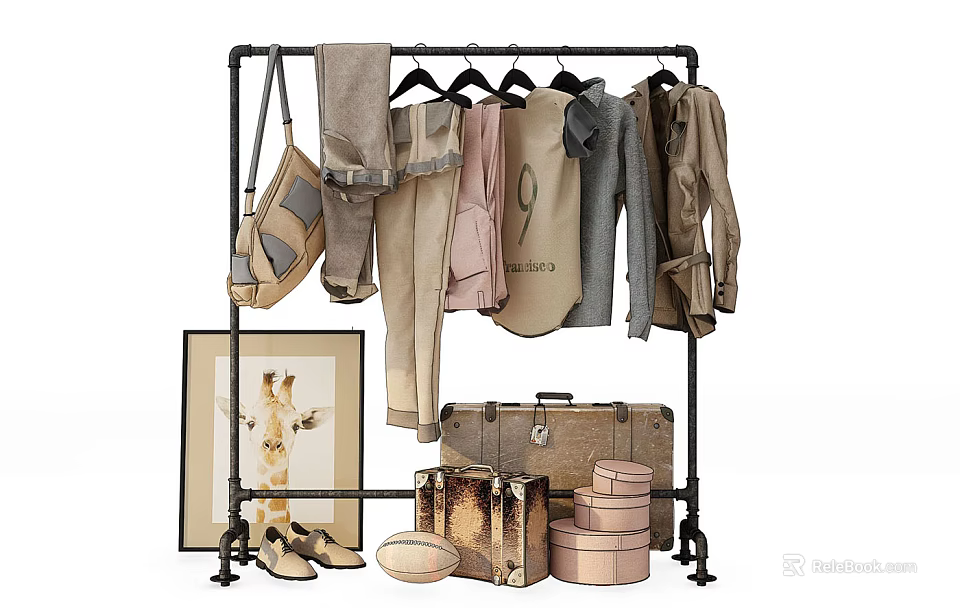 Black Metal Clothing Rack with Hanging Clothes Bags Vintage Suitcases Artwork and Shoes 3d model 