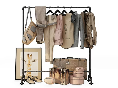 Black Metal Clothing Rack with Hanging Clothes Bags Vintage Suitcases Artwork and Shoes 3d model