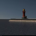 Illuminated Lighthouse Standing On Stone Pier With Blue Sky Water And Reflection 3d model