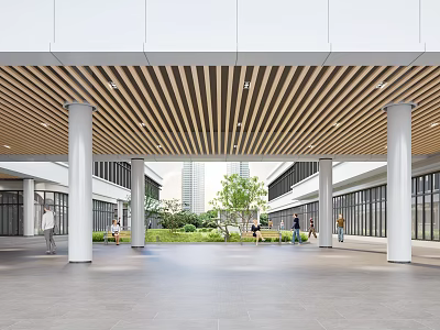 Spacious Modern Public Corridor With Wooden Strip Ceiling And Comfortable Open Green Courtyard Landscape 3d model