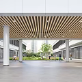 Spacious Modern Public Corridor With Wooden Strip Ceiling And Comfortable Open Green Courtyard Landscape