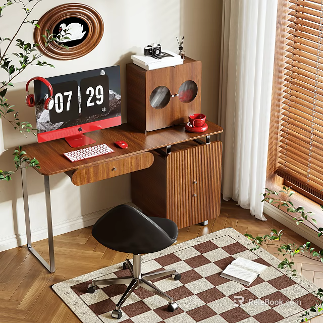 Wooden Desk Setup With Computer Monitor Headphones Camera Red Cup Black Chair And Green Plants 3d model 