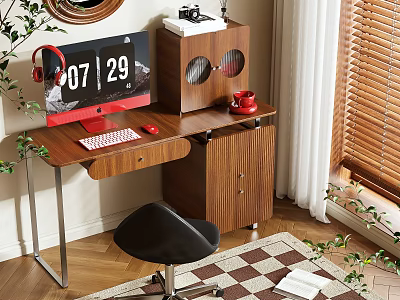 Wooden Desk Setup With Computer Monitor Headphones Camera Red Cup Black Chair And Green Plants 3d model