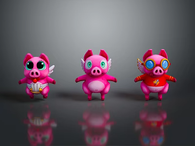 Adorable Pink Pig Characters With Different Costumes Wings And Lightning Accessories 3d model