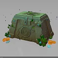Ancient Stone Chest With Green Moss Vines Circular Emblem Gold Coins And Gemstones