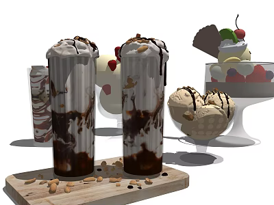 Creamy Milkshakes Topped With Chocolate Syrup And Nuts Alongside Ice Cream Sundae On Wooden Board 3d model
