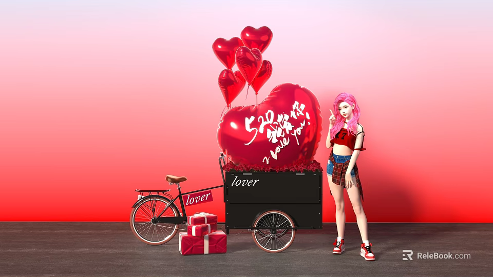 Romantic Photo Spot With Red Heart Balloons Large Love Decoration Bicycle And Gift Boxes 3d model 