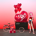 Romantic Photo Spot With Red Heart Balloons Large Love Decoration Bicycle And Gift Boxes