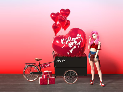 Romantic Photo Spot With Red Heart Balloons Large Love Decoration Bicycle And Gift Boxes 3d model