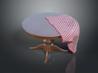 Round Wooden Dining Table With Partially Covered Red And White Checkered Tablecloth 3d model
