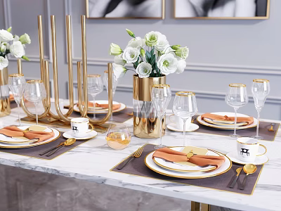 Elegant Golden Tableware Set With Marble Tabletop White Flowers Orange Napkins And Wine Glasses 3d model