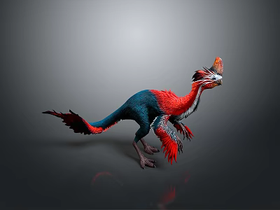 3D Rendered Mythical Dinosaur With Red Blue Feathers And Head Crest In Standing Pose 3d model