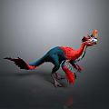 3D Rendered Mythical Dinosaur With Red Blue Feathers And Head Crest In Standing Pose