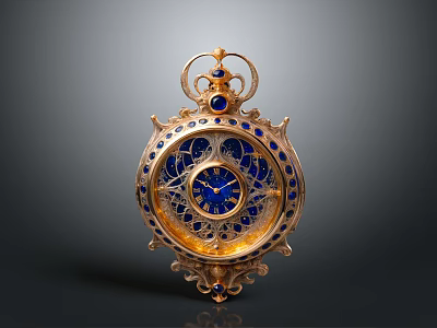Ornate Golden Timepiece With Blue Enamel Decor And Intricate Dial Details 3d model