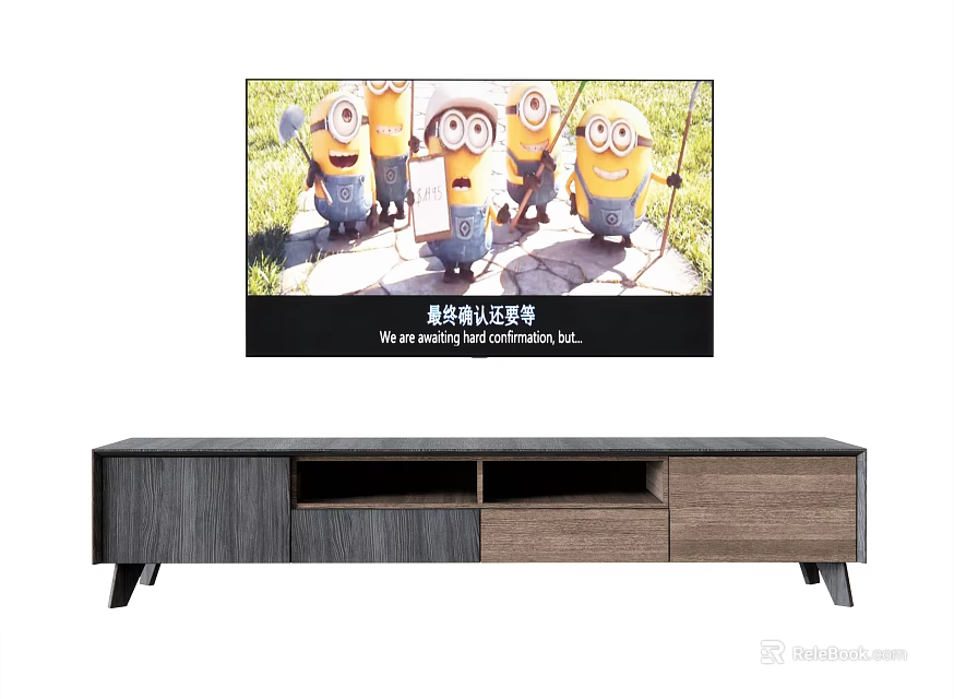 Modern TV Stand Wood Design with Storage Drawers Open Shelves and Minions on TV Screen 3d model 