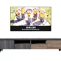 Modern TV Stand Wood Design with Storage Drawers Open Shelves and Minions on TV Screen