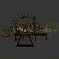 Rustic Scene Components Featuring Old Truck Water Wheel Small Boat Solar Panels Bench And Plants