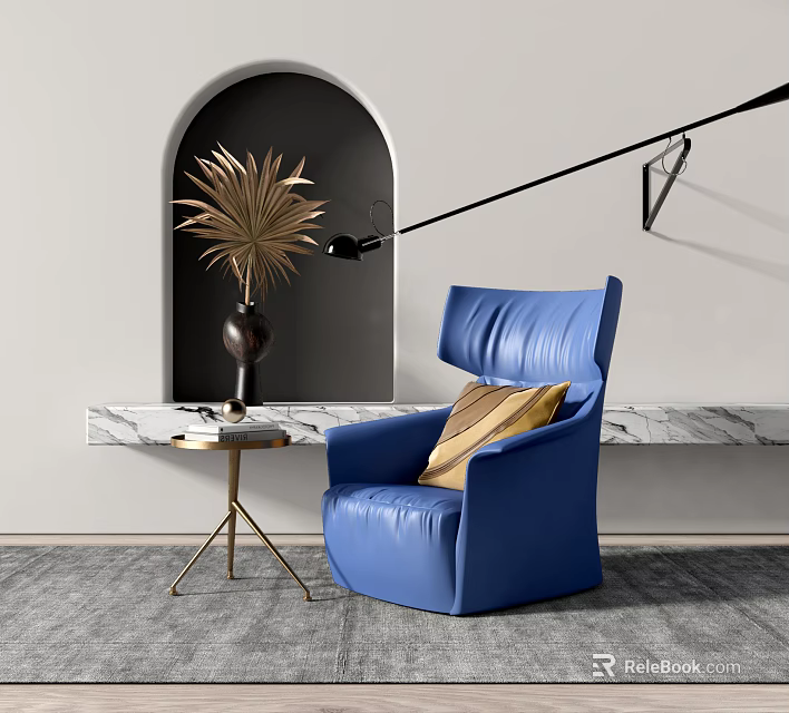 Blue Leather Single Sofa Modern Interior With Side Table Decorative Plant Arched Window Floor Lamp 3d model