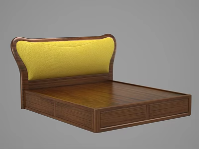 Double Bed with Yellow Padded Headboard Wooden Frame and Under Bed Drawers 3d model