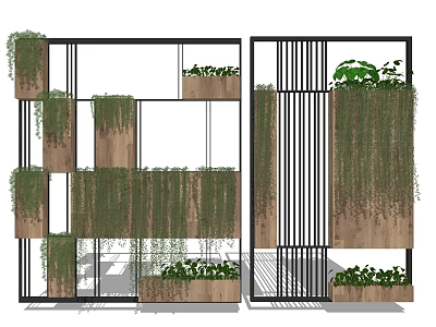 Decorative Room Divider With Green Hanging Plants Wooden Panels And Black Metal Frames 3d model
