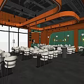 Elegant Modern Restaurant Interior With Orange Walls Green Partitions Round Tables And White Chairs