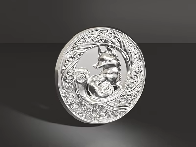 Ornate Silver Circular Jewelry With Fox Carving And Intricate Patterns 3d model