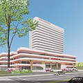 Modern High Rise Hospital Building With Red White Exterior And Glass Facade Entrance Area