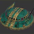 Cosmic UFO Spacecraft Design With Blue Yellow Accents And Circular Windows