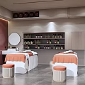 Serene SPA Treatment Room With Massage Beds Orange Linens And Skincare Product Shelves