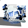 Elegant 30th Birthday Party Backdrop With Blue White Balloons And Decorative Leaves
