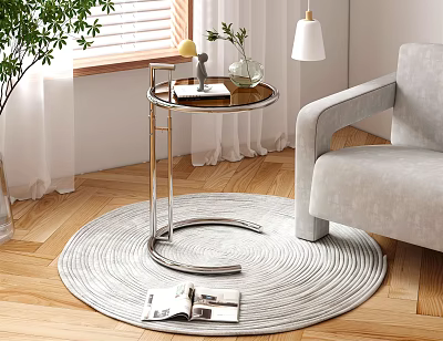 Round Coffee Table With Metal Frame On Wooden Floor By Grey Sofa And Decorative Items 3d model