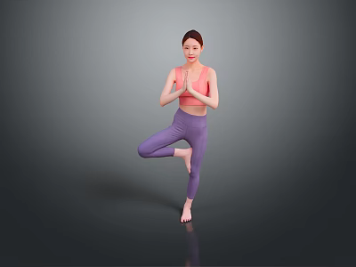 Woman Practicing Yoga In Tree Pose With Pink Top And Purple Leggings 3d model