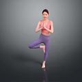 Woman Practicing Yoga In Tree Pose With Pink Top And Purple Leggings