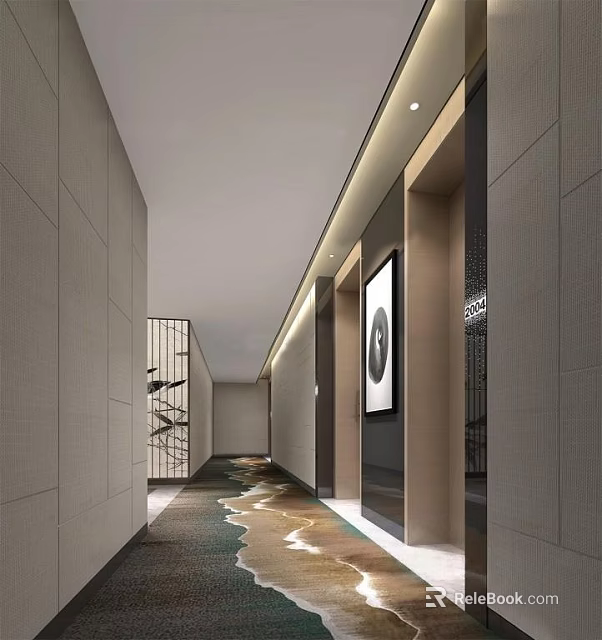 Modern Elevator Corridor With Gray Walls Recessed Lighting Decorative Painting And Patterned Carpet 3d model