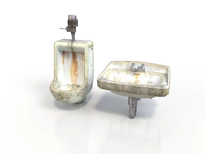 Old Rusty Urinal and Sink Bathroom Fixtures with Worn Surfaces 3d model