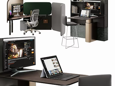 Modern Office Desk With Monitor Laptop Office Chair And Partition 3d model