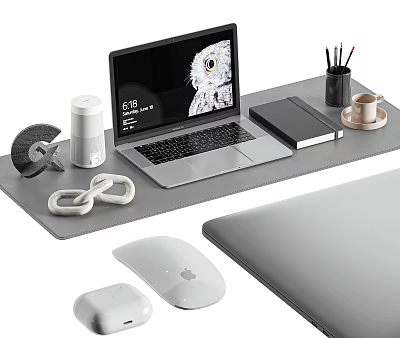 Laptop with Owl on Screen Showing Time and Accessories on Mouse Pad with Coffee Cup 3d model