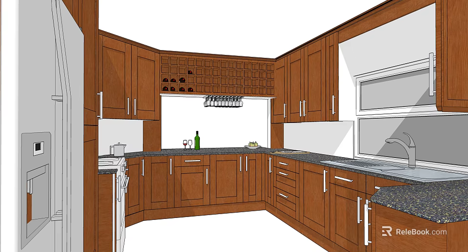 Brown Wooden Kitchen Cabinets In Modern Interior With Countertop Wine Rack And Appliances 3d model 